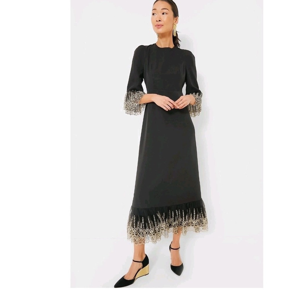 Pomander Place Black Gold Embroidered Lace Trim Midi Dress Large NWT